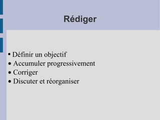 Rédiger Définir un objectif ·  Accumuler progressivement ·  Corriger ·  Discuter et réorganiser 