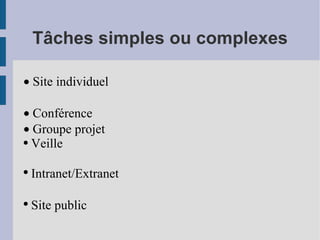 Tâches simples ou complexes ·  Site individuel ·  Conférence ·  Groupe projet Veille Intranet/Extranet Site public 