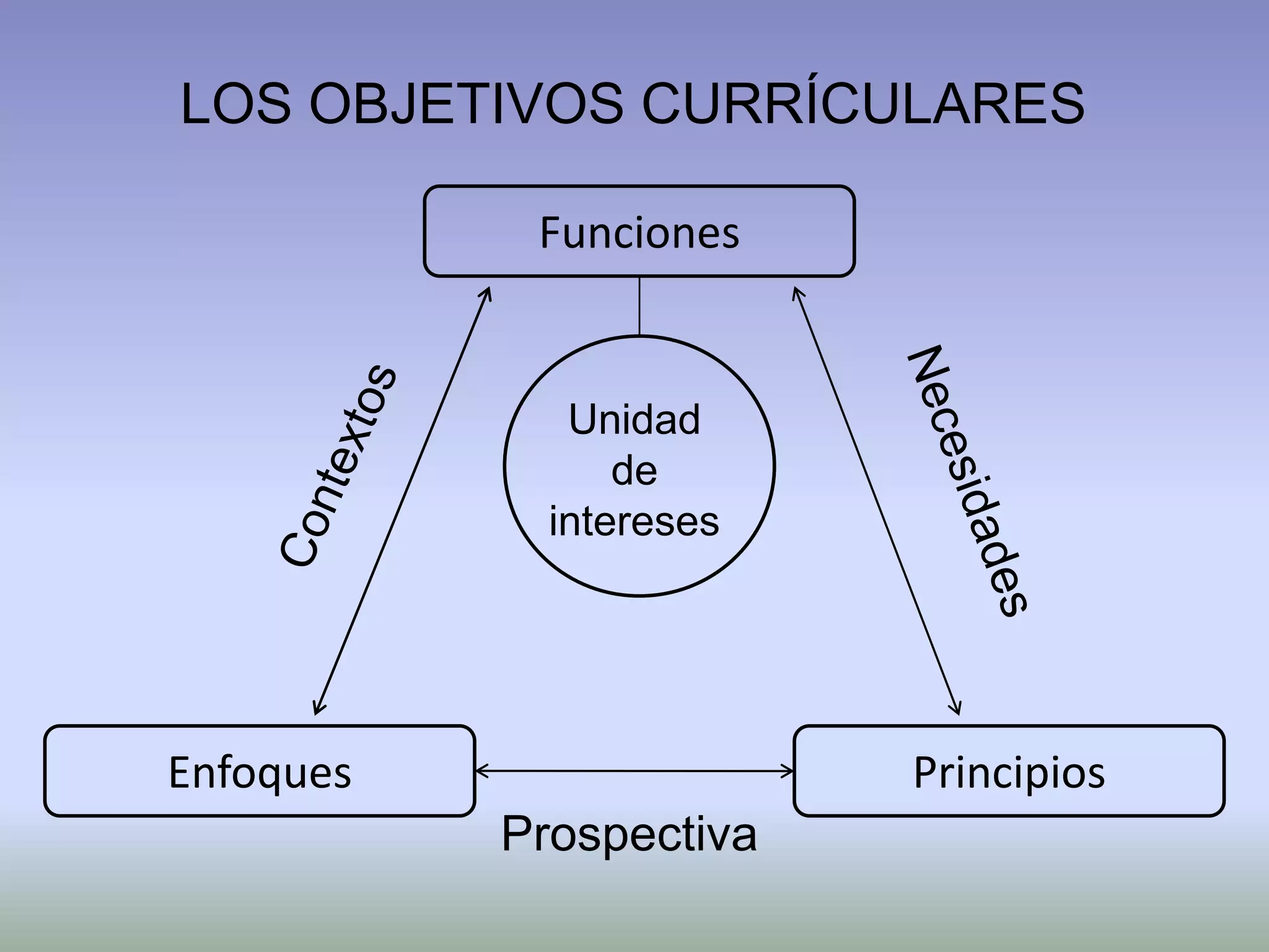LOS OBJETIVOS CURRÍCULARES

            Funciones


              Unidad
                 de
             intereses




Enfoques                 Principios
           Prospectiva
 