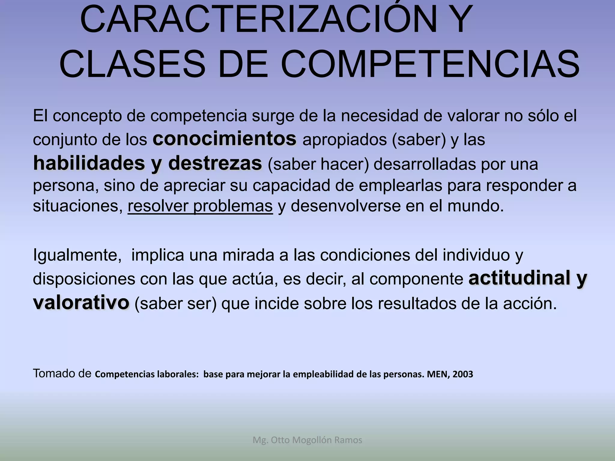 CARACTERIZACIÓN Y
     CLASES DE COMPETENCIAS
El concepto de competencia surge de la necesidad de valorar no sólo el
conjunto de los conocimientos apropiados (saber) y las
habilidades y destrezas (saber hacer) desarrolladas por una
persona, sino de apreciar su capacidad de emplearlas para responder a
situaciones, resolver problemas y desenvolverse en el mundo.

Igualmente, implica una mirada a las condiciones del individuo y
disposiciones con las que actúa, es decir, al componente actitudinal y
valorativo (saber ser) que incide sobre los resultados de la acción.


Tomado de Competencias laborales: base para mejorar la empleabilidad de las personas. MEN, 2003




                                               Mg. Otto Mogollón Ramos
 