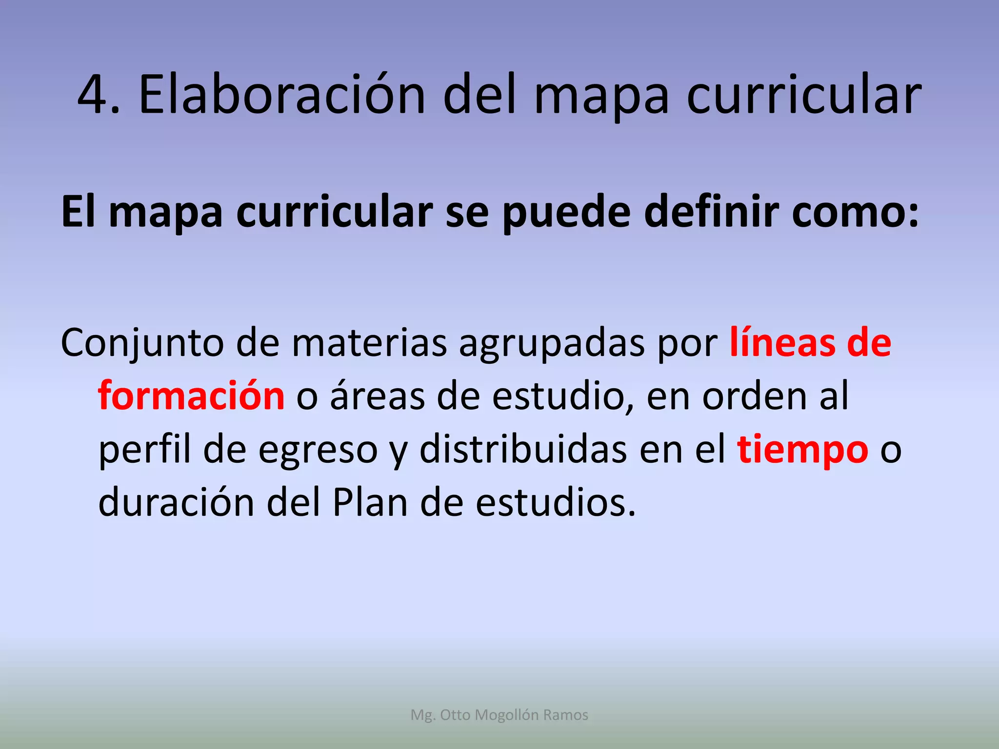 4. Elaboración del mapa curricular
El mapa curricular se puede definir como:

Conjunto de materias agrupadas por líneas de
  formación o áreas de estudio, en orden al
  perfil de egreso y distribuidas en el tiempo o
  duración del Plan de estudios.



                   Mg. Otto Mogollón Ramos
 