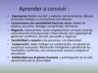 Aprender a convivir :
• Expresarse: hablar, escribir y redactar correctamente, dibujar,
  presentar trabajos y conclusiones con eficacia
• Comunicarse con sensibilidad hacia los otros: hablar en
  público, escuchar, dialogar, comprender, afirmarse.
• Negociar, intercambiar, tener empatía.Tener un buen nivel de
  comunicación interpersonal e intercultural, con capacidad de
  gestionar conflictos, discutir, persuadir y negociar
• Sociabilidad y respeto a las personas, a la diversidad.
• Cooperación. Saber trabajar en colaboración, en equipo en
  proyectos conjuntos- Resolución inteligente y pacífica de los
  inevitables conflictos, con comprensión mutua y respeto al
  pluralismo
• Solidaridad con el género humano y participación en la vida
  democrática de la comunidad.

                        Mg. Otto Mogollón Ramos
 