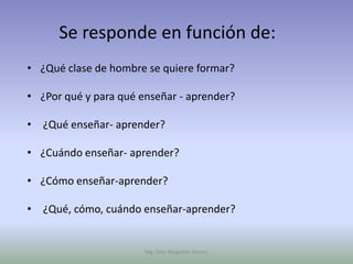 Se responde en función de:
• ¿Qué clase de hombre se quiere formar?

• ¿Por qué y para qué enseñar - aprender?

• ¿Qué enseñar- aprender?

• ¿Cuándo enseñar- aprender?

• ¿Cómo enseñar-aprender?

• ¿Qué, cómo, cuándo enseñar-aprender?


                       Mg. Otto Mogollón Ramos
 