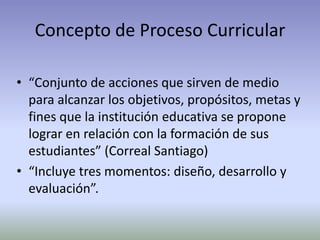 Concepto de Proceso Curricular

• “Conjunto de acciones que sirven de medio
  para alcanzar los objetivos, propósitos, metas y
  fines que la institución educativa se propone
  lograr en relación con la formación de sus
  estudiantes” (Correal Santiago)
• “Incluye tres momentos: diseño, desarrollo y
  evaluación”.
 