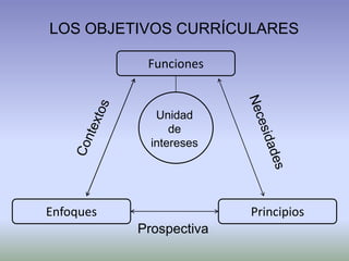 LOS OBJETIVOS CURRÍCULARES

            Funciones


              Unidad
                 de
             intereses




Enfoques                 Principios
           Prospectiva
 