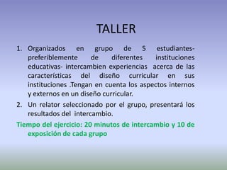 TALLER
1. Organizados en grupo de 5 estudiantes-
   preferiblemente      de    diferentes   instituciones
   educativas- intercambien experiencias acerca de las
   características del diseño curricular en sus
   instituciones .Tengan en cuenta los aspectos internos
   y externos en un diseño curricular.
2. Un relator seleccionado por el grupo, presentará los
   resultados del intercambio.
Tiempo del ejercicio: 20 minutos de intercambio y 10 de
   exposición de cada grupo
 