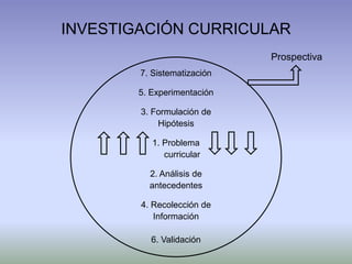 INVESTIGACIÓN CURRICULAR
                             Prospectiva
        7. Sistematización

        5. Experimentación

        3. Formulación de
            Hipótesis

           1. Problema
              curricular

          2. Análisis de
          antecedentes

        4. Recolección de
           Información

           6. Validación
 