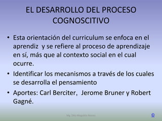 EL DESARROLLO DEL PROCESO
             COGNOSCITIVO
• Esta orientación del curriculum se enfoca en el
  aprendiz y se refiere al proceso de aprendizaje
  en sí, más que al contexto social en el cual
  ocurre.
• Identificar los mecanismos a través de los cuales
  se desarrolla el pensamiento
• Aportes: Carl Berciter, Jerome Bruner y Robert
  Gagné.
                    Mg. Otto Mogollón Ramos       ©
 
