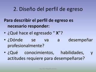 2. Diseño del perfil de egreso
Para describir el perfil de egreso es
  necesario responder:
• ¿Qué hace el egresado “ X”?
• ¿Dónde      se      va     a     desempeñar
  profesionalmente?
• ¿Qué conocimientos, habilidades, y
  actitudes requiere para desempeñarse?
                 Mg. Otto Mogollón Ramos
 