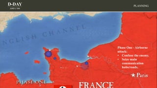 D-DAY
JUNE 6, 1944
PLANNING
Phase One - Airborne
attack:
• Confuse the enemy.
• Seize main
communication
hubs/roads.
 