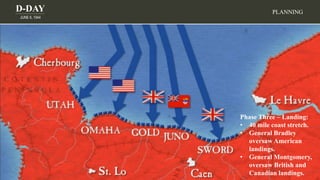 D-DAY
JUNE 6, 1944
Phase Three – Landing:
• 40 mile coast stretch.
• General Bradley
oversaw American
landings.
• General Montgomery,
oversaw British and
Canadian landings.
PLANNING
 