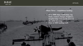 D-DAY
JUNE 6, 1944
Phase Three – Amphibious landing:
• Over 5000 ships: battleships, tug
boats, cruisers, barges, freighters,
hospital ships were on the move in
the early morning.
• Fleet of 2000 landing craft.
ATTACK
 