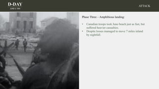 D-DAY
JUNE 6, 1944
Phase Three – Amphibious landing:
• Canadian troops took Juno beach just as fast, but
suffered heavier casualties.
• Despite losses managed to move 7 miles inland
by nightfall.
ATTACK
 