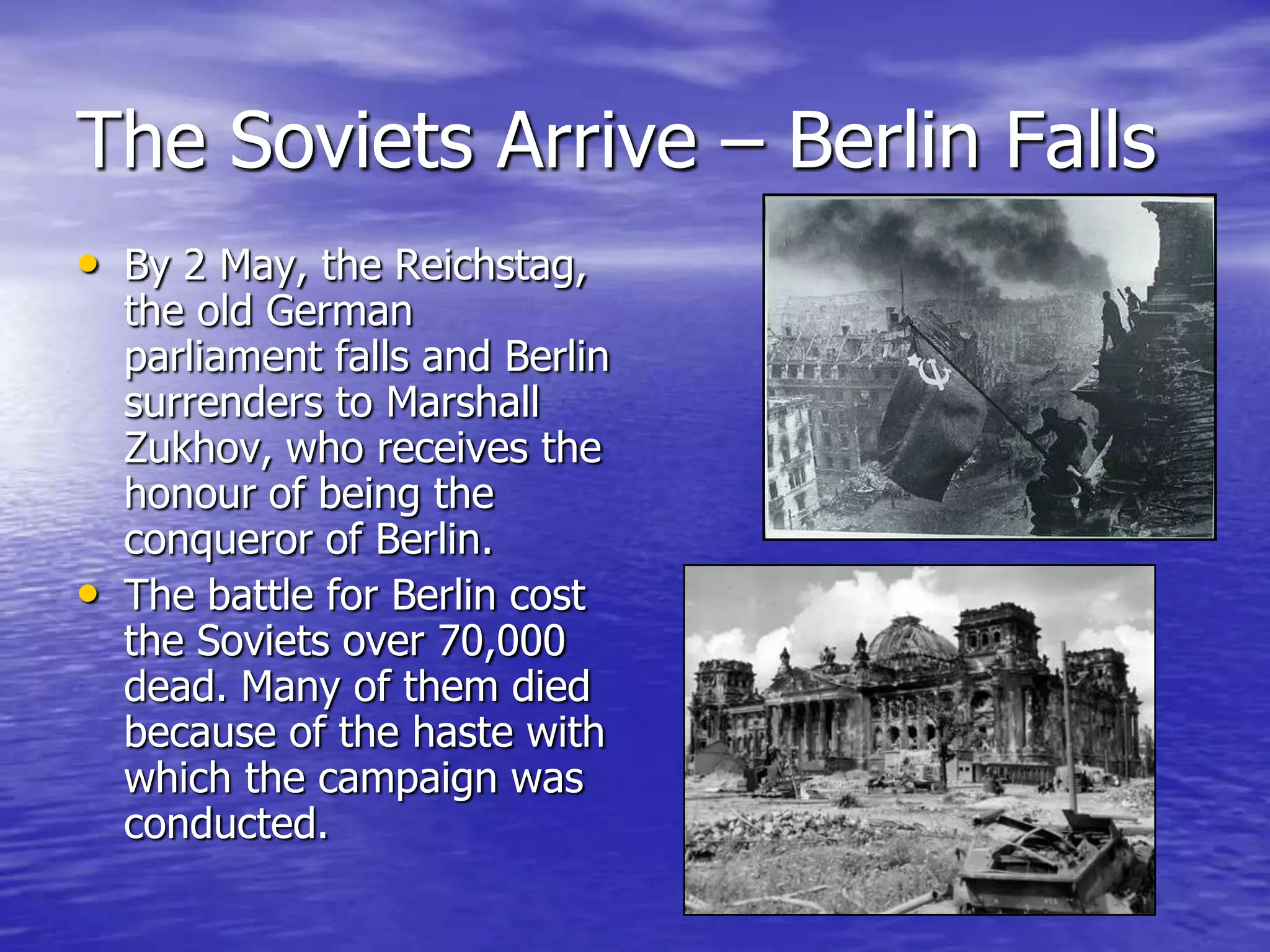 VE-DayThe major Allied ground offensive from the west against German territory began on 8 February 1945 In April, Canadian troops liberated most of the Netherlands The Germans formally surrendered on 8 May 1945, known as Victory-in-Europe, or ‘V-E’ Day 