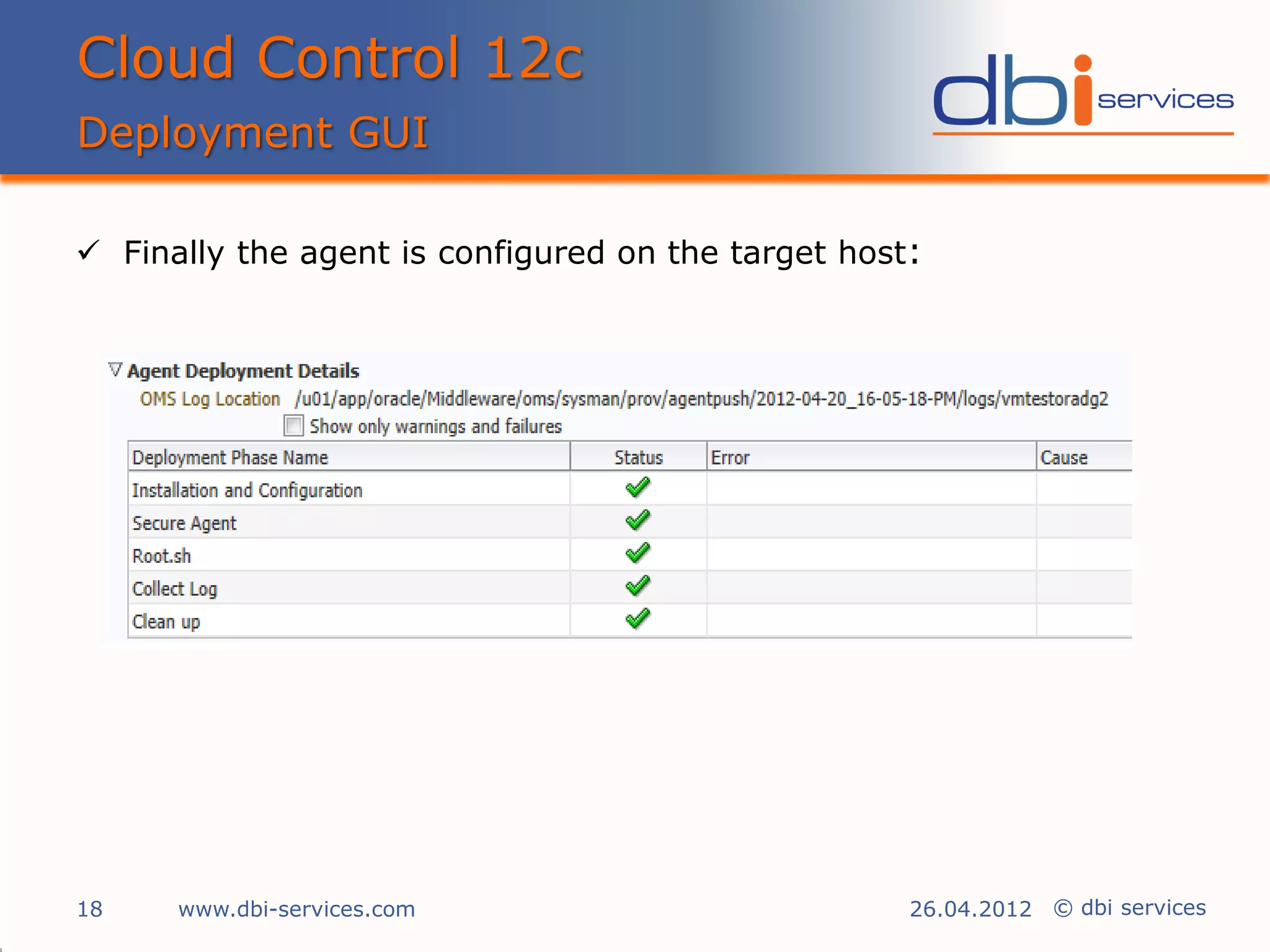 Cloud Control 12c
Deployment GUI

 Finally the agent is configured on the target host:




18    www.dbi-services.com                          26.04.2012 © dbi services
 