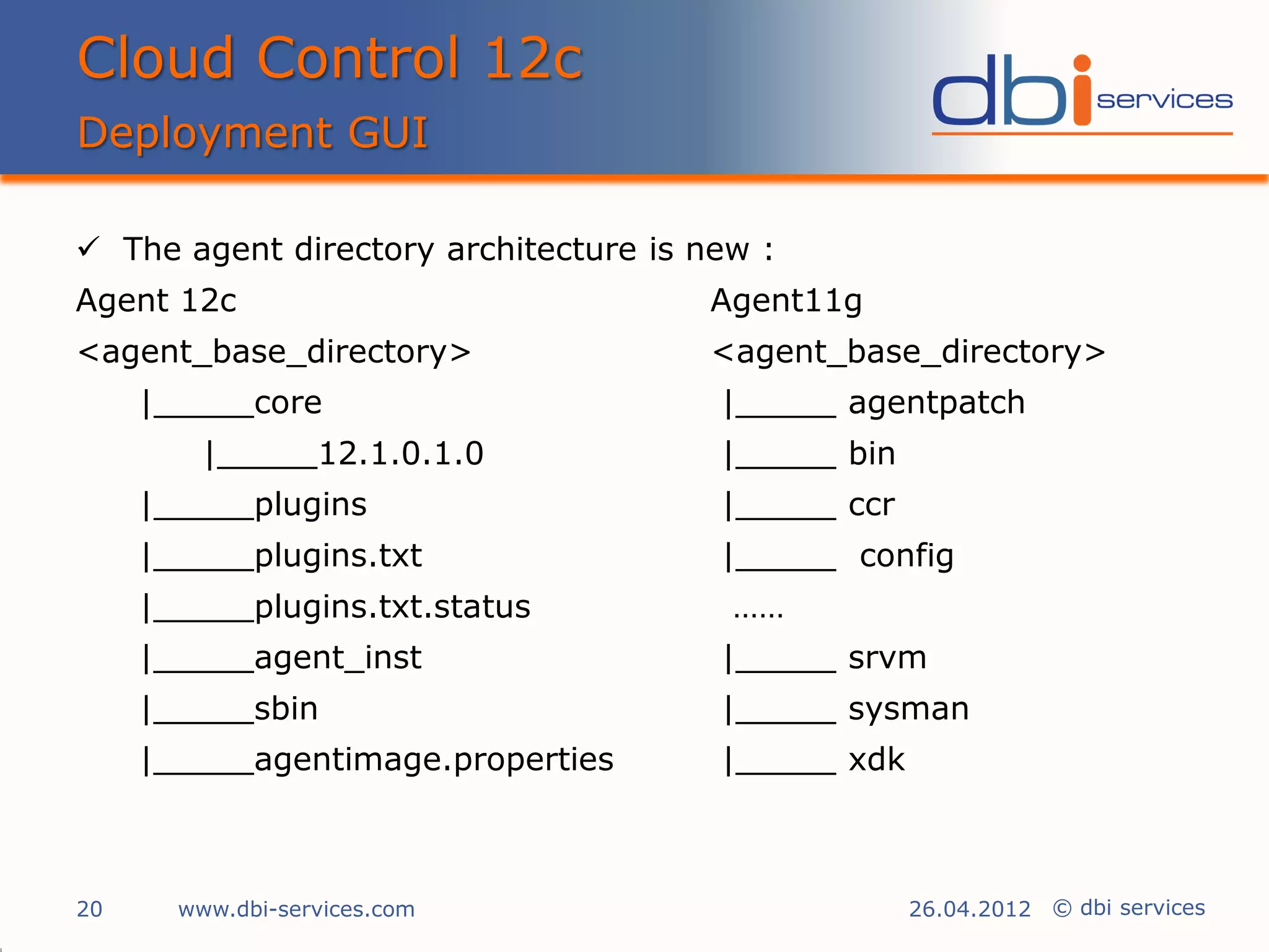Cloud Control 12c
Deployment GUI

 The agent directory architecture is new :
Agent 12c                             Agent11g
<agent_base_directory>                <agent_base_directory>
     |_____core                        |_____ agentpatch
         |_____12.1.0.1.0              |_____ bin
     |_____plugins                     |_____ ccr
     |_____plugins.txt                 |_____ config
     |_____plugins.txt.status           ……
     |_____agent_inst                  |_____ srvm
     |_____sbin                        |_____ sysman
     |_____agentimage.properties       |_____ xdk



20     www.dbi-services.com                         26.04.2012 © dbi services
 