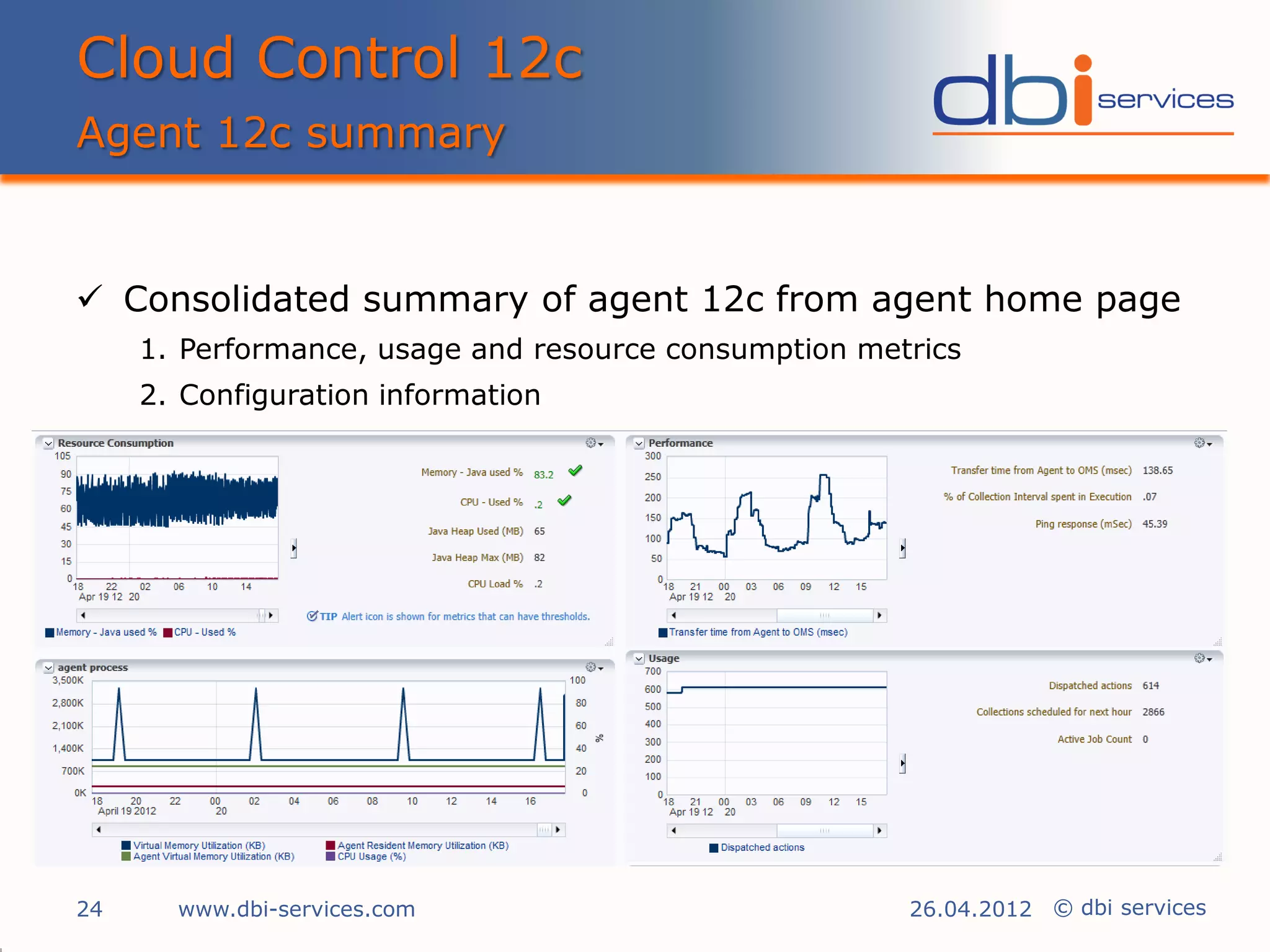 Cloud Control 12c
Agent 12c summary


 Consolidated summary of agent 12c from agent home page
     1. Performance, usage and resource consumption metrics
     2. Configuration information




24     www.dbi-services.com                            26.04.2012 © dbi services
 