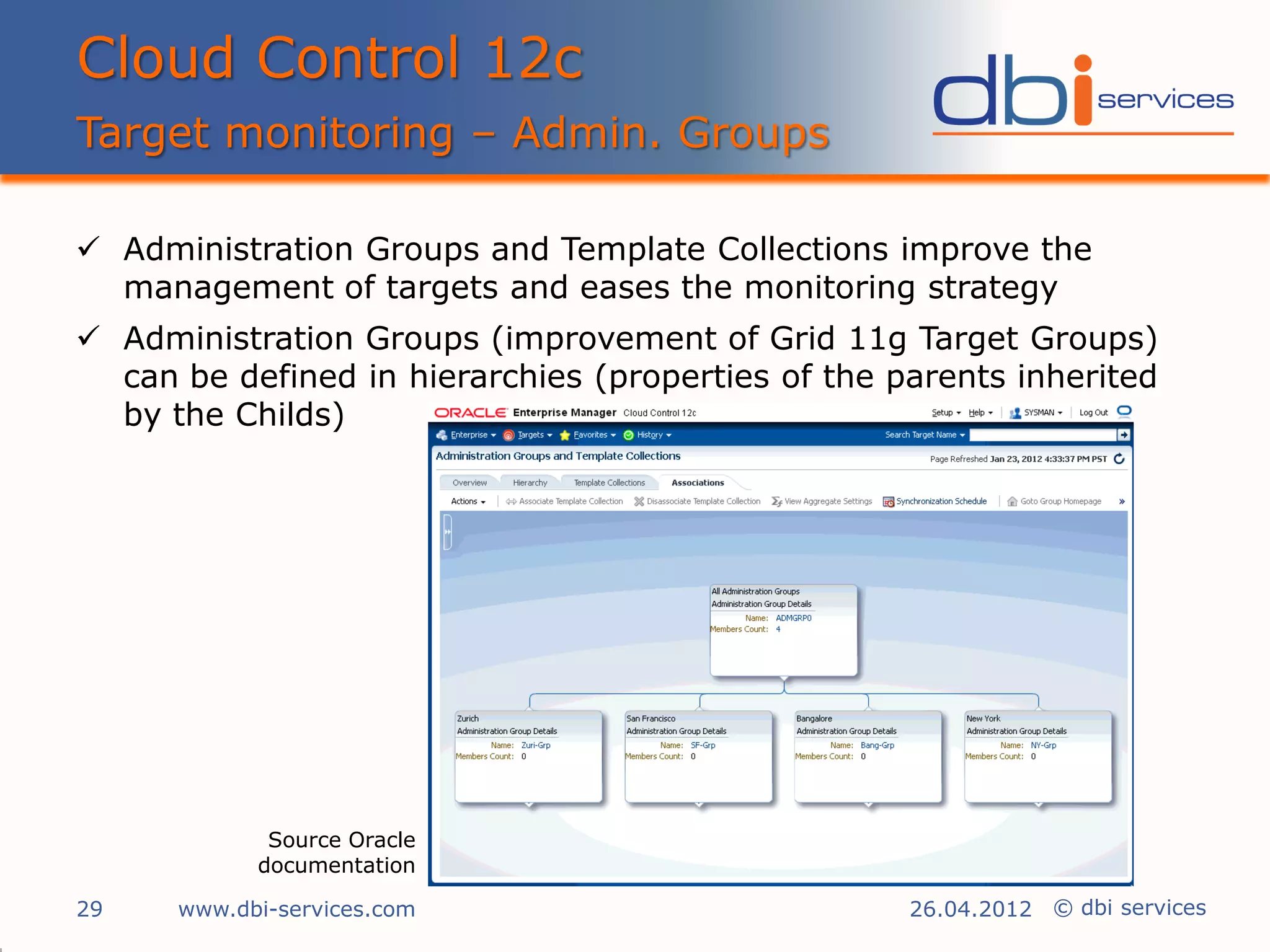 Cloud Control 12c
Target monitoring – Admin. Groups

 Administration Groups and Template Collections improve the
  management of targets and eases the monitoring strategy
 Administration Groups (improvement of Grid 11g Target Groups)
  can be defined in hierarchies (properties of the parents inherited
  by the Childs)




             Source Oracle
            documentation

29    www.dbi-services.com                          26.04.2012 © dbi services
 