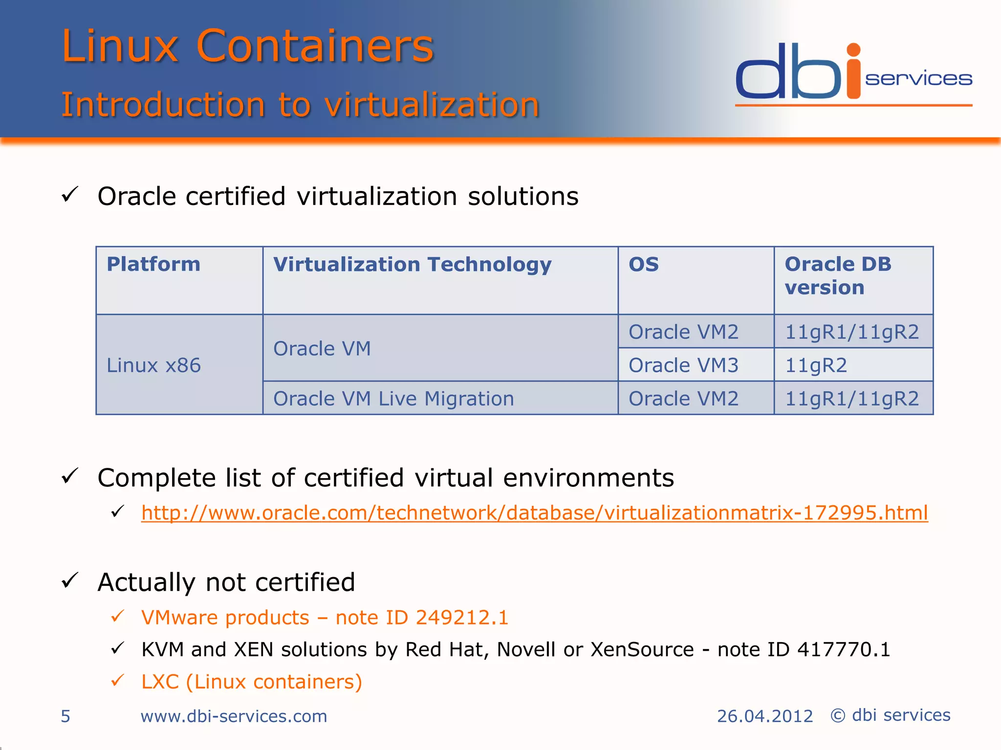 Linux Containers
Introduction to virtualization

 Oracle certified virtualization solutions

    Platform         Virtualization Technology       OS             Oracle DB
                                                                    version

                                                     Oracle VM2     11gR1/11gR2
                     Oracle VM
    Linux x86                                        Oracle VM3     11gR2
                     Oracle VM Live Migration        Oracle VM2     11gR1/11gR2



 Complete list of certified virtual environments
     http://www.oracle.com/technetwork/database/virtualizationmatrix-172995.html


 Actually not certified
     VMware products – note ID 249212.1
     KVM and XEN solutions by Red Hat, Novell or XenSource - note ID 417770.1
     LXC (Linux containers)
5      www.dbi-services.com                                  26.04.2012 © dbi services
 