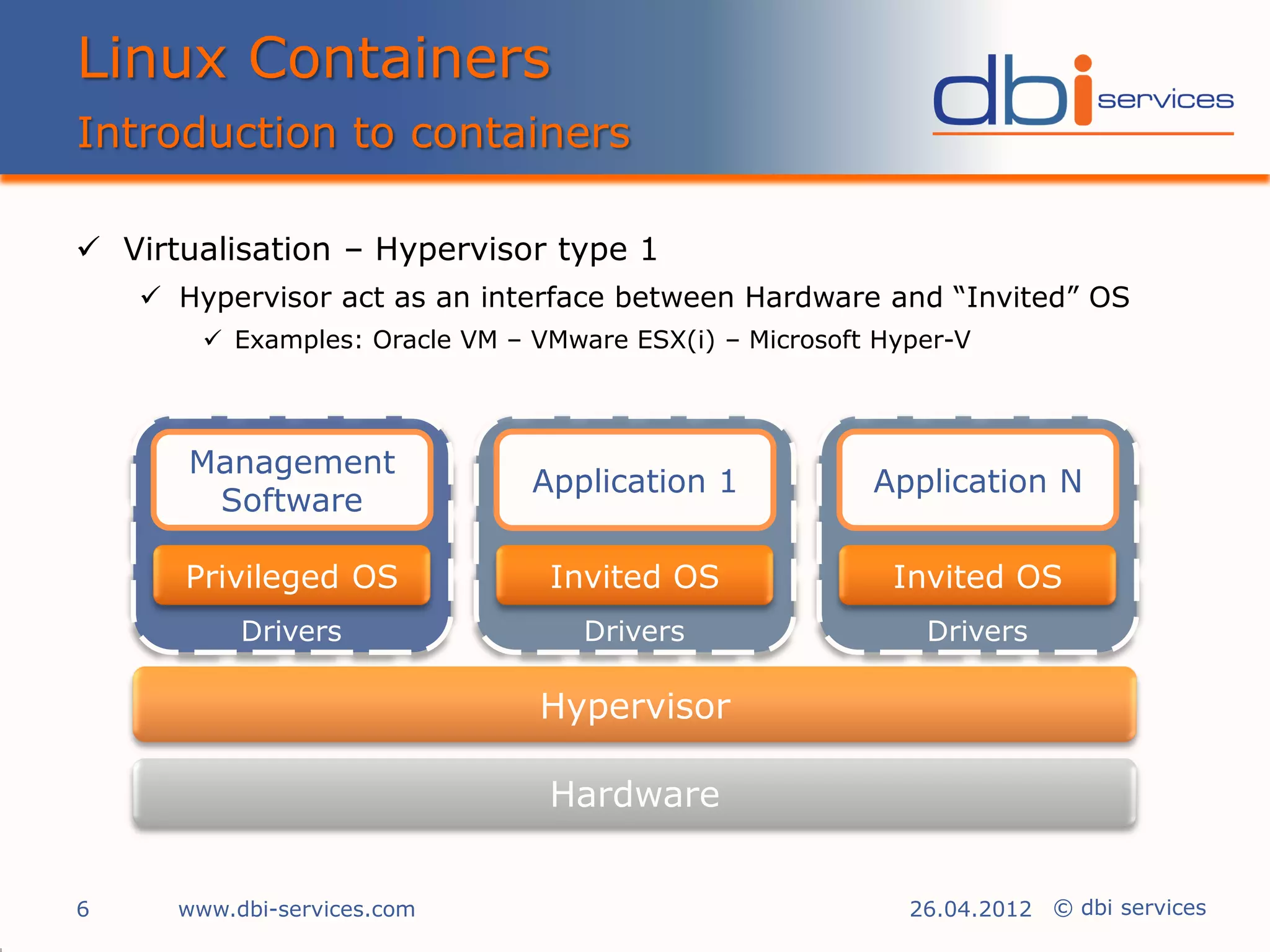 Linux Containers
Introduction to containers

 Virtualisation – Hypervisor type 1
     Hypervisor act as an interface between Hardware and “Invited” OS
         Examples: Oracle VM – VMware ESX(i) – Microsoft Hyper-V




       Management
                                Application 1            Application N
        Software

       Privileged OS             Invited OS                Invited OS
           Drivers                  Drivers                  Drivers

                                 Hypervisor

                                 Hardware


6     www.dbi-services.com                                  26.04.2012 © dbi services
 
