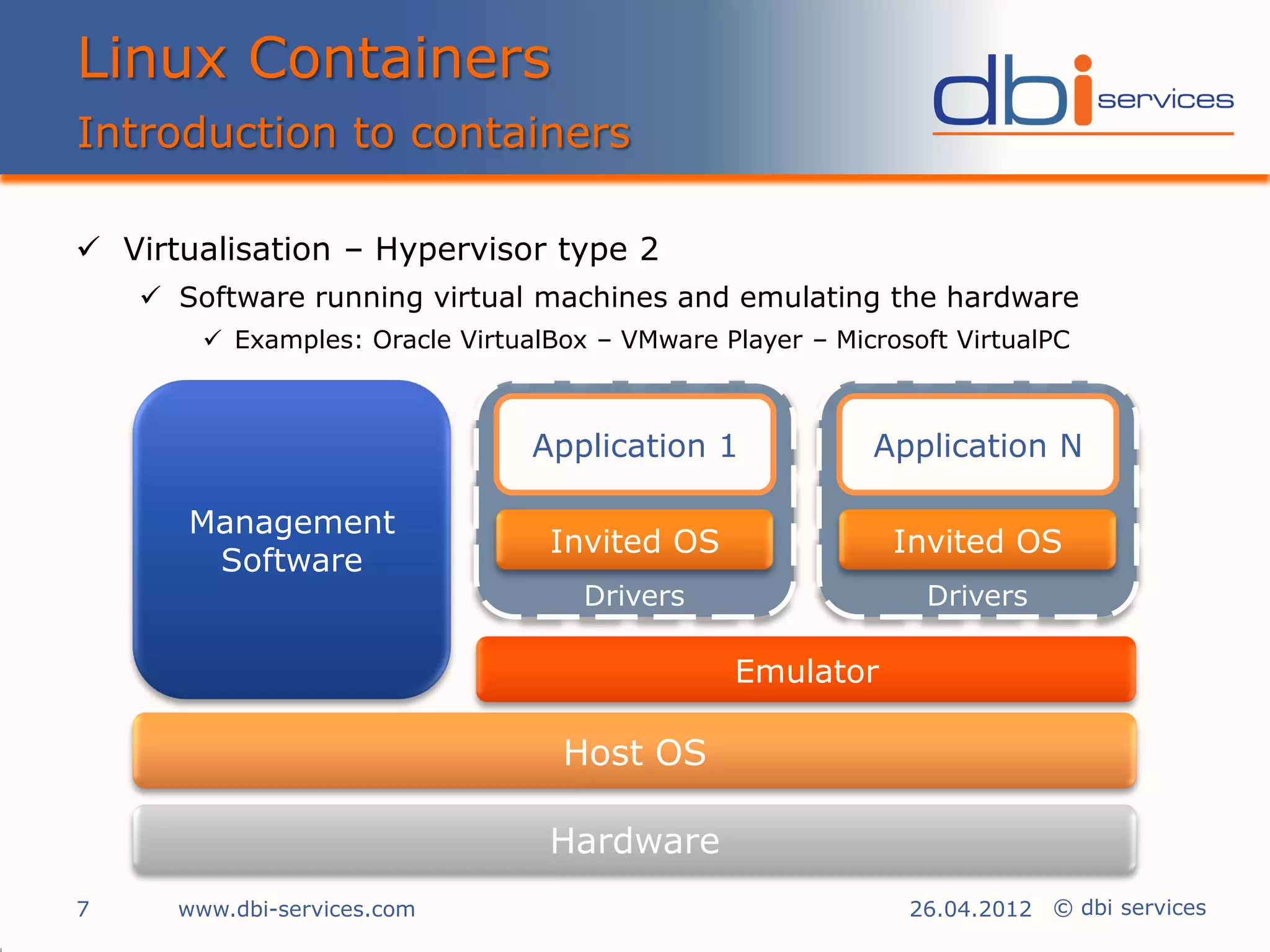 Linux Containers
Introduction to containers

 Virtualisation – Hypervisor type 2
     Software running virtual machines and emulating the hardware
         Examples: Oracle VirtualBox – VMware Player – Microsoft VirtualPC



                                 Application 1             Application N

       Management
                                  Invited OS                 Invited OS
        Software
                                     Drivers                   Drivers

                                                 Emulator

                                   Host OS

                                  Hardware
7     www.dbi-services.com                                    26.04.2012 © dbi services
 