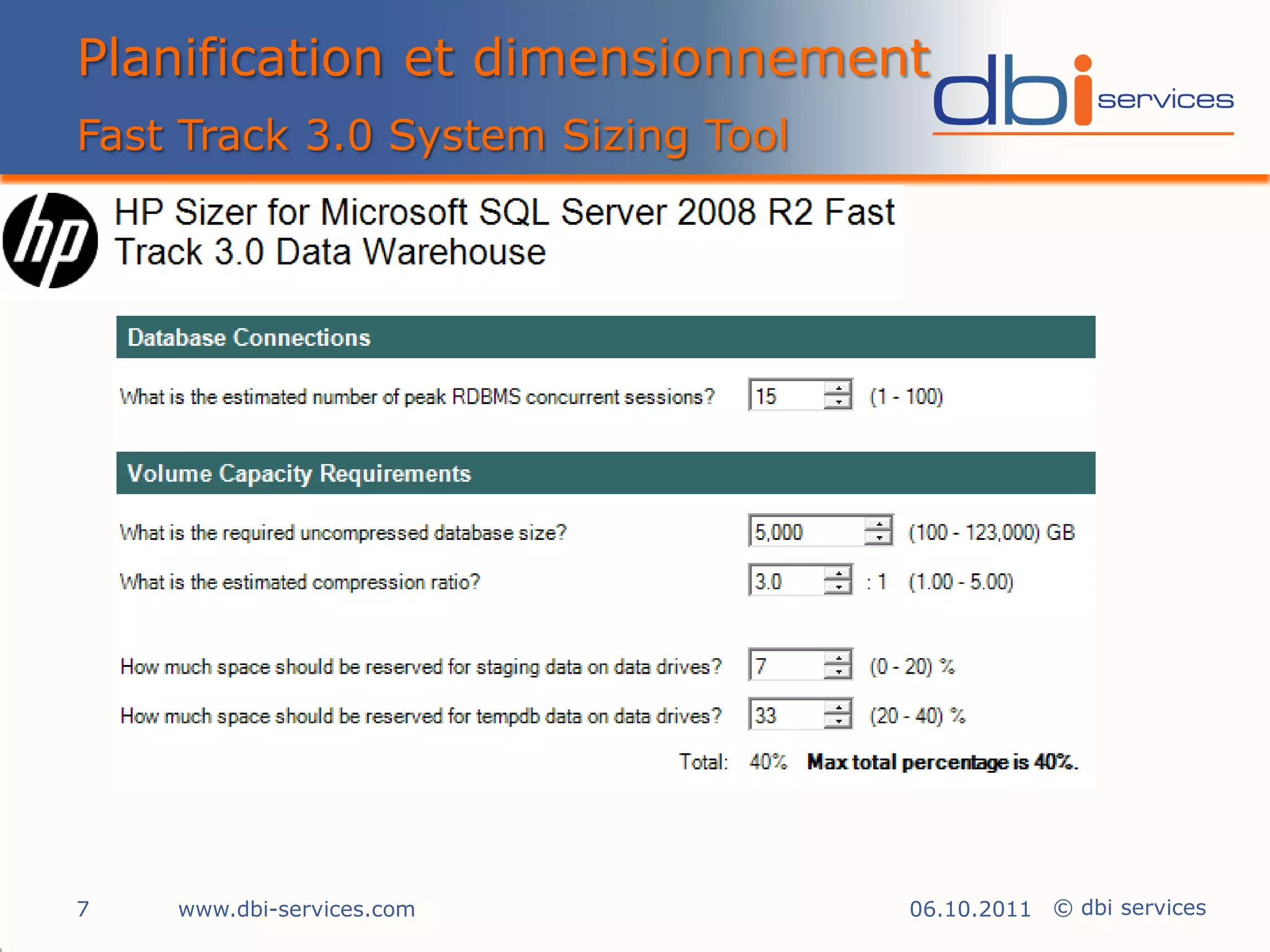 Planification et dimensionnement
Fast Track 3.0 System Sizing Tool




7   www.dbi-services.com            06.10.2011 © dbi services
 