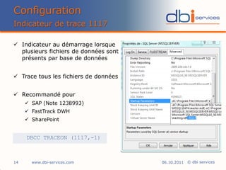 Configuration
Indicateur de trace 1117

 Indicateur au démarrage lorsque
  plusieurs fichiers de données sont
  présents par base de données


 Trace tous les fichiers de données


 Recommandé pour
      SAP (Note 1238993)
      FastTrack DWH
      SharePoint


     DBCC TRACEON (1117,-1)



14     www.dbi-services.com            06.10.2011 © dbi services
 