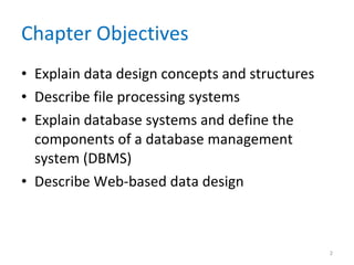 Chapter Objectives  Explain data design concepts and structures Describe file processing systems Explain database systems and define the components of a database management system (DBMS) Describe Web-based data design 