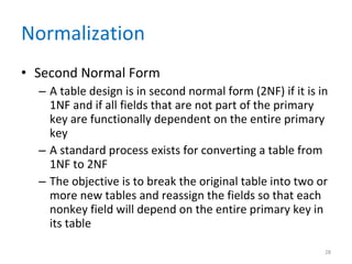 Normalization Second Normal Form A table design is in second normal form (2NF) if it is in 1NF and if all fields that are not part of the primary key are functionally dependent on the entire primary key A standard process exists for converting a table from 1NF to 2NF  The objective is to break the original table into two or more new tables and reassign the fields so that each nonkey field will depend on the entire primary key in its table 