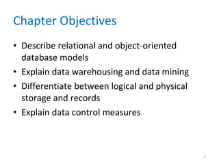 Chapter Objectives Describe relational and object-oriented database models Explain data warehousing and data mining Differentiate between logical and physical storage and records Explain data control measures 