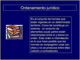 Ordenamiento jurídico Es el conjunto de normas que están vigentes en un determinado territorio. Como tal constituye un sistema,  un conjunto de elementos cuyas partes están relacionadas entre sí y tienen un orden. Este orden e interrelación es lo que hace posible que las normas se compaginen unas con otras y no se produzca entre ellas colisión o contradicción.  