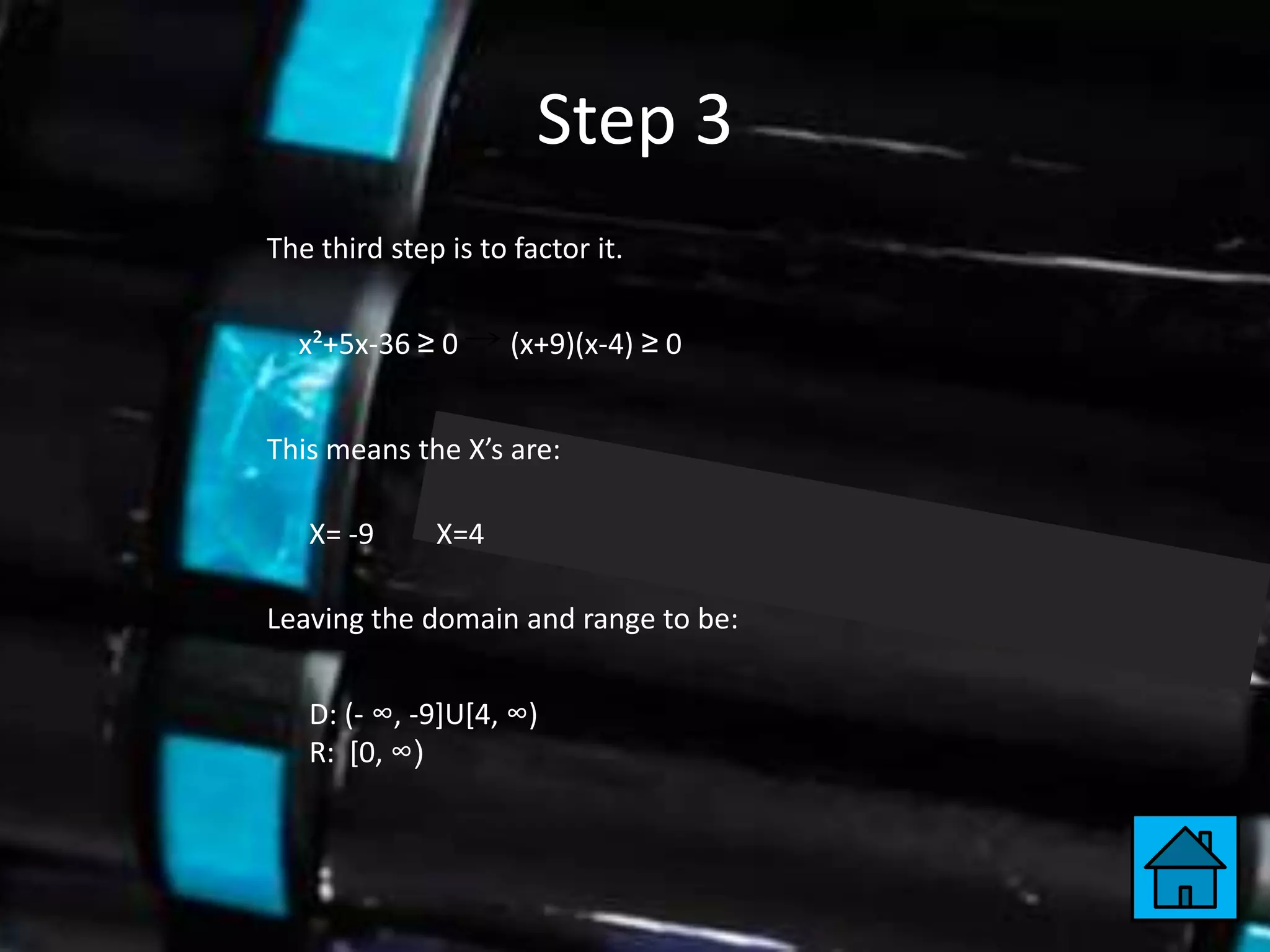 Step 3
The third step is to factor it.


  x²+5x-36 ≥ 0       (x+9)(x-4) ≥ 0


This means the X’s are:

   X= -9      X=4

Leaving the domain and range to be:


   D: (- ∞, -9]U[4, ∞)
   R: [0, ∞)
 