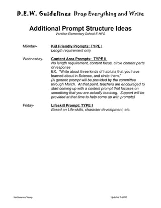 D.E.W. Guidelines Drop Everything and Write

             Additional Prompt Structure Ideas
                      Verellen Elementary School E-HPS


       Monday-      Kid Friendly Prompts: TYPE I
                    Length requirement only

       Wednesday-   Content Area Prompts: TYPE II
                    No length requirement, content focus, circle content parts
                    of response
                    EX. “Write about three kinds of habitats that you have
                    learned about in Science, and circle them.”
                    (A generic prompt will be provided by the committee
                    through March. At that point, teachers are encouraged to
                    start coming up with a content prompt that focuses on
                    something that you are actually teaching. Support will be
                    provided at that time to help come up with prompts)

       Friday-      Lifeskill Prompt: TYPE I
                    Based on Life-skills, character development, etc.




VanSumeren/Young                                         Updated 2/2010
 