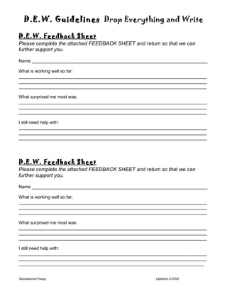 D.E.W. Guidelines Drop Everything and Write

D.E.W. Feedback Sheet
Please complete the attached FEEDBACK SHEET and return so that we can
further support you.

Name _______________________________________________________________________

What is working well so far:
____________________________________________________________________________
____________________________________________________________________________
____________________________________________________________________________

What surprised me most was:
____________________________________________________________________________
____________________________________________________________________________
____________________________________________________________________________

I still need help with:
____________________________________________________________________________
____________________________________________________________________________
____________________________________________________________________________




D.E.W. Feedback Sheet
Please complete the attached FEEDBACK SHEET and return so that we can
further support you.

Name _______________________________________________________________________

What is working well so far:
____________________________________________________________________________
____________________________________________________________________________
____________________________________________________________________________

What surprised me most was:
____________________________________________________________________________
____________________________________________________________________________
____________________________________________________________________________

I still need help with:
____________________________________________________________________________
____________________________________________________________________________
___________________________________________________________________________


VanSumeren/Young                                       Updated 2/2010
 