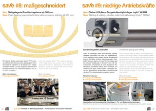 #8: maßgeschneidert
Neu: Gleitgelagerte Rundtischsysteme ab 500 mm
New: Plain bearing supported rotary table systems, starting at 500 mm

#9: niedrige Antriebskräfte
Neu: Gleiten & Rollen – Doppelrollen-Hybridlager drylin® WJRM
New: Gliding & rolling – double roller hybrid bearing drylin® WJRM

Kombiniert gleiten und rollen

Mit Hilfe der ﬂexibel einsetzbaren iglidur® PRT-Universal-Gleitelemente können große, gleitgelagerte Rundtischsysteme angelehnt an die Bauform 01 maßgeschneidert werden. Je nach Anzahl der Elemente sind
Rundtischsysteme mit Innendurchmessern von ca.
0,5 bis 5 m möglich.

Using the versatile iglidur® PRT universal glide elements, large slewing ring systems can be modeled
tailored to the type 01. Depending on the number of
elements, slewing ring systems with internal diameters of 0.5 to 5 m are possible.

Mehr Informationen:
www.igus.de/de/PRT

More information:
www.igus.eu/eu/PRT

Combines gliding and rolling

drylin® W-Hybridlager bieten eine einmalige schmiermittelfreie Kombination von Gleit- und Rollenlagerung.
Durch integrierte Rollen werden niedrige Antriebskräfte
erreicht, die Gleiter schützen gleichzeitig gegen Querkräfte. Hierdurch eignen sich drylin® W-Hybridlager ideal
für manuelle Verstellungen im Bereich Türen (z.B. Maschinentüren, Schutztüren) als auch beweglichen Bedienpulten. Der effektive Aufbau durch Kunststoff und
Zinkdruckguss spart zudem Kosten. Hybridlager können auf verschiedene hartanodisierte Aluminiumproﬁle
des drylin® W-Linearbaukastens eingesetzt werden.

drylin® W hybrid bearings offers a unique bearing combination of gliding and rolling. Trough integrated rollers
low drive forces will be achieved, transverse forces will
be absorbed by the gliding elements. Therefore hybrid
bearings suit ideal for manual adjustments specially
for doors (machine doors, protection doors) and for
moving of control panels. The efﬁcient creation with
plastics and zinc diecast also saves costs.
Hybrid bearings can be used with different hard anodised aluminium proﬁles of the drylin® W linear modular system.

Mehr Informationen:
www.igus.de/de/WJRM
www.igus.de/de/drylinW

More information:
www.igus.eu/eu/WJRM
www.igus.eu/eu/drylinW

s

24

Produkte für Werkzeugmaschinen ... Kosten senken mit sicheren Produkten

s

Lasten bis 10 Tonnen
loads up to 10 tons

Leise laufend und kostengünstige Hybridlager in Tür- und Bedienpultverstellungen.
Smooth running and cost-effective hybrid bearing in adjustment of sliding doors and control panels.
products for machine tools ... safe quality & save money ...

25

 