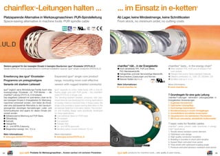 chainﬂex -Leitungen halten ...

... im Einsatz in e-ketten

Platzsparende Alternative in Werkzeugmaschinen: PUR-Spindelleitung
Space-saving alternative in machine tools: PUR spindle cable

Ab Lager, keine Mindestmenge, keine Schnittkosten
From stock, no minimum order, no cutting costs

®

®

RoHS

Bestens geeignet für den bewegten Einsatz in beengten Bauräumen: igus®-Einzelader CF270.UL.D
Ideally suited for moving applications in conﬁned installation spaces: igus® single conductor CF270.UL.D

Erweiterung des igus® EinzeladerProgramms um preisgünstigere
Variante mit starkem Leiterseil

Expanded igus® single core product
range, including more cost-effective
version with rugged braided conductor

igus® ergänzt seine Motorleitungs-Familie durch eine
kostengünstige Einzelader mit PUR-Mantel – die
chainﬂex®-Leitung CF270.UL.D-Einzelader.
Das biegefeste Leiterseil mit optimierten Litzen ist für
den bewegten Einsatz in Energieketten für Werkzeugmaschinen entwickelt worden. Dort bietet die Einzelader eine platzsparende Alternative zu den bauraumsprengenden vieradrigen Servoleitungen. Leiter- und
Schirmaufbauten sind eigens für diesen Einsatz entwickelt worden.
Adhäsionsarme Mischung auf PUR-Basis
Ölbeständig
Kerbzäh
Halogenfrei
UL- und NFPA-Zulassung
Biegeradius bewegt: min. 10 x d

igus® expands its motor cable family with a cost-effective single core with PUR jacket – the chainﬂex®
cable CF270.UL.D-single core.
The bending-resistant braided conductor with optimised strands was developed for moving applications
on energy chains in machine tools. In these cases, the
single core provides a space-saving alternative to the
excessively large four-core servo cables. The conductor and braiding design were speciﬁcally developed
for these applications.
Low-adhesion blend on PUR base
Oil-resistant
Cut-resistant
Halogen-free
UL- and NFPA approvals
Bending radius moved minimum 10 x d

Mehr Informationen:
www.igus.de/de/CF270ULD

More information:
www.igus.eu/eu/CF270.UL.D

38

Produkte für Werkzeugmaschinen ... Kosten senken mit sicheren Produkten

chainﬂex® hält... in der Energiekette
Hoch abriebfeste TPE, PUR und ölfeste
PVC-Mantelwerkstoffe
Halogenfreie und/oder ﬂammwidrige Werkstoffe
Verschiedene Zulassungen und Normen
Kleinste Radien bis 4 x d
Mehr Informationen:
www.chainﬂex.de

chainﬂex® lasts... in the energy chain®
Wear resistant TPE, PUR and oil-resistant PVC
outer jackets
Halogen-free and/or ﬂame-retardant materials
Different certiﬁcates: UL, CSA, CE, DESINA, CEI
Smallest radii up to 4 x d
More information:
www.chainﬂex.eu

7 Grundregeln für eine gute Leitung

4
2
1

3
5
6

7

chainﬂex®-Leitungen verhindern Leitungsausfälle in
Energieketten-Anwendungen.
1. Zugfestes Kernelement
2. Optimierter Litzenaufbau
3. Hochwertige Aderisolation
4. Bündelverseilung in kurzen Schlaglängen
5. Zwickelfüllend extrudierter Innenmantel
6. Gesamtschirm mit optimiertem Flechtwinkel
7. Mit Druck extrudierter, abriebfester Außenmantel

7 basic rules for ﬂexible cables
chainﬂex® cables prevent cable downtimes in energy
chain® applications.
1. Tensile stress resistant center element
2. Optimised core design
3. High quality conductor insulation
4. Braiding in bundles in short pitch lengths
5. Gusset ﬁlled, extruded inner jacket
6. Total shield with optimized braiding angle
7. Pressure extruded abrasion-resistant outer jacket

products for machine tools ... safe quality & save money ...

39

 