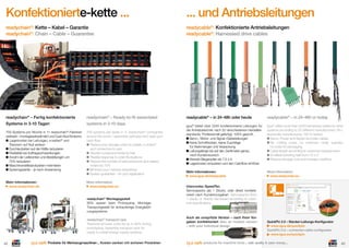 Konfektionierte-kette ...

... und Antriebsleitungen

readychain®: Kette – Kabel – Garantie
readychain®: Chain – Cable – Guarantee

readycable®: Konfektionierte Antriebsleitungen
readycable®: Harnessed drive cables

readychain® – Fertig konfektionierte
Systeme in 3-10 Tagen

readychain® – Ready-to-ﬁt assembled
systems in 3-10 days

readycable® – in 24-48h oder heute

readycable® – in 24-48h or today

700 Systeme pro Woche in 11 readychain®-Fabriken
weltweit – montagezeitoptimiert und Cash-ﬂow fördernd.
Lagerkosten bei Leitungen, e-ketten® und
Steckern auf Null senken
Durchlaufzeiten auf die Hälfte reduzieren
Flexibilität bei Auftragsschwankungen
Anzahl der Lieferanten und Bestellungen um
75% reduzieren
Maschinenstillstandszeiten minimieren
Systemgarantie – je nach Anwendung

700 systems per week in 11 readychain® companies
around the world – assembly-optmized and raise your
cash-ﬂow.
Reduce your storage costs for cables, e-chains®
and connectors to zero
Shorten turnaround times by half
Flexible response to order ﬂuctuations
Reduce the number of subcontractors and related
orders by 75%
Minimize your machine downtimes
System guarantee – for your application

igus® bietet über 2240 konfektionierte Leitungen für
die Antriebstechnik nach 20 verschiedenen Herstellerstandards. Professionell gefertigt, 100% geprüft.
Servo-, Motor- und Signal-/Geberleitungen
Keine Schnittkosten, keine Zuschläge
für Kleinmengen und Verpackung
Leitungslänge bis auf den Zentimeter genau
nach Kundenwunsch
Kleinste Biegeradien ab 7,5 x d
Lagerkosten reduzieren und den Cashﬂow erhöhen

igus® offers more than 2240 harnessed cables for drive
systems according to 20 different manufacturers. Professionally manufactured, 100 % tested.
Servo, Power and Signal-/encoder cables
No cutting costs, no minimum order quantity,
no costs for packaging
Cable length according to customer requirements
Smallest bending radii from 7,5 x d
Reduce storage cost and increase cashﬂow

Mehr Informationen:
www.igus.de/readycable

More information:
www.readychain.eu

Mehr Informationen:
www.readychain.de

More information:
www.readychain.eu

readychain® Montagegestell
80% sparen beim Prototyping. MontageTransportgestell für einbaufertige Energieführungssysteme.
readychain® transport rack
Reduces process costs by up to 80% during
prototyping. Assembly transport rack for
ready-to-install energy supply systems.
42

Produkte für Werkzeugmaschinen ... Kosten senken mit sicheren Produkten

Intercontec SpeedTec
Servicepacks (ab 1 Stück), oder direkt konfektioniert nach Kundenvorgaben. Servicepacks (from
1 piece), or directly harnessed according to customer speciﬁcations

Auch als umspritzte Version – nach Ihren Vorgaben konfektioniert Also as molded version
– with your individual design

QuickPin 2.0 – Stecker-Leitungs-Konﬁgurator
www.igus.de/quickpin
QuickPin 2.0 – connector-cable conﬁgurator
www.igus.eu/quickpin

products for machine tools ... safe quality & save money ...

43

 