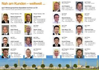 Nah am Kunden – weltweit ...

igus® North America
East Providence

igus® Canada
Toronto ofﬁce, Concord

Joe Ciringione

Scott Parker

igus -Werkzeugmaschinen-Spezialisten bei Ihnen vor Ort
igus® machine tools specialists in your country

Phone: +1 401 438-2200
Mobile: +1 800 521 2747
E-mail: jciringione@igus.com

Phone: +1 905 7608448
Mobile: +1 800 9652496
E-mail: sparker@igus.com

igus® Brazil
São Paulo

igus® India
Bangalore

®

HQ igus® Germany - Köln

Markus Kogelmann

Michael Blaß

Industry Manager
Machine tools (DE, AT, CH)
Phone: +49 8237 9529-736
Fax:
+49 8237 9529-737
E-Mail: mkogelmann@igus.de

Prokurist
Leiter Branchenmanagement
Phone: +49 2203 9649-380
Fax:
+49 2203 9649-222
E-Mail: mblass@igus.de

Marcelo Bombo

Kiran Kurian

Phone: +55 1981768736
Fax
+55 1135314488
E-mail: mbombo@igus.com.br

Phone: +91 80 391278-09
Mob.: +91 9341957166
E-Mail: kiran@igus.in

igus® France
Fresnes (Paris)

igus® Spain
Guipuzcoa

igus® China
Shanghai

igus® Japan
Tokyo

Didier Ribault

Alberto Tolosa

Felix Wang 王军

Takamasa Goto

Phone: +33 1 49849815
Port.: +33 6 09414600
E-mail: d.ribault@igus.fr

Móvil: +34 617495762
Fax:
+34 93 6473951
E-mail: atolosa@igus.es

Phone: +86 21 51303128
E-Mail: fwang@igus.com.cn

Phone: +81 3-5819-2030
E-Mail: tgoto@igus.co.jp

igus® UK
Northhampton

igus® Italia
Robbiate (Milan)

igus® Taiwan
Taichung

igus® Korea
Incheon

Justin Leonard

Marcello Mandelli

Vincent Chiang

Junghoon Kim

Phone: +44-1604 677240
Fax
+44-1954 715464
E-mail: jleonard@igus.co.uk

Phone: +39 039 5906241
Cellulare: +39 335 6972287
E-mail: mmandelli@igus.it

Phone: +886 4 2358-1000
Fax:
+886 4 2358-1100
E-Mail: vchiang@igus.com.tw

Phone: +82 32 82129-11
Fax:
+82 32 82129-13
E-mail: jkim@igus.kr

igus® Austria
Ampﬂwang

igus® Switzerland
Neuendorf

igus® Singapore – HQ Asean
Petaling Jaya

igus® Mexico
Toluca

Dieter Bencer

Thomas Rogger

Frankie Poo

Francisco Marquez

Tel.:
+43 7675 4005 0
Fax:
+43 7675 303
E-Mail: dbencer@igus.at

52

HQ igus® Germany - Köln

Tel.:
+41 62 38097-16
Fax:
+41 62 38897-99
E-mail: t.rogger@igus.ch

Phone: +65 64 871411x838
Mobile: +65 96 413290
E-Mail: frankie@igus.com.sg

Phone: +52 1 7222643923
Fax:
+52 728284-3187
E-mail: fmarquez@igus.com

53

 