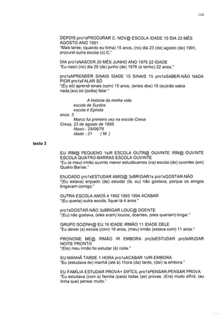 114




          DEPOIS prolsPROCURAR C. NOV@ ESCOLA IDADE 15 DIA 23 MÊS
          AGOSTO ANO 1991
          "Mais tarde, (quando eu tinha) 15 anos, (no) dia 23 (de) agosto (de) 1991,
          procurei outra escola (o) C."

          DIA prolsNASCER 29 MÊS JUNHO ANO 1976 22 IDADE
          "Eu nasci (no) dia 29 (de) junho (de) 1976 (e tenho) 22 anos."

          prolsAPRENDER SINAIS IDADE 15 SINAIS 15 pro1sSABER-NÃO NADA
          PIOR prol sFALAR SÓ
          "(Eu só) aprendi sinais (com) 15 anos, (antes dos) 15 (eu)não sabia
          nada,(eu) só (podia) falar."

                           A história da minha vida.
                    escola de Surdos
                    escola é Epheta
          anos: 3
                 Marco fui primeira vez na escola Cresa
          Cresa, 23 de agosto de 1998.
                 Nasci - 29/06/76
                 idade-21        (M.)

texto 3

          EU IRM@ PEQUENO 1slR ESCOLA OUTR@ OUVINTE IRM@ OUVINTE
          ESCOLA QUATRO-BARRAS ESCOLA OUVINTE
          "Eu (e meu) irmão ouvinte menor estudávamos (na) escola (de) ouvintes (em)
          Quatro Barras."

          ENJOADO prolsESTUDAR AMIG@ 3sBRIGAR1s pro1sGOSTAR-NÃO
          "(Eu estava) enjoado (de) estudar (lá, eu) não gostava, porque os amigos
          brigavam comigo."

          OUTRA ESCOLA ANOS 4 1992 1993 1994 ACABAR
          "(Eu queria) outra escola, fiquei lá 4 anos."

          prolsGOSTAR-NÃO 3pBRIGAR LOUC@ DOENTE
          "(Eu) não gostava, (eles eram) loucos, doentes, (eles queriam) brigar."

          GRUPO SOZINH@ EU 16 IDADE IRMÃO 11 IDADE DELE
          "Eu deixei (a) escola (com) 16 anos, (meu) irmão (estava com) 11 anos."

          PRONOME ME@ IRMÃO IR EMBORA                   pro3sESTUDAR pro3sMUDAR
          NOITE PRONTO
          "(Ele) meu irmão foi estudar (à) noite."

          EU MANHÃ TARDE 1 HORA prol sACABAR 1slR-EMBORA
          "Eu (estudava de) manhã (até à) 1hora (da) tarde, (daí) ia embora."

          EU FAMÍLIA ESTUDAR PROVA+ DIFÍCIL prolsPENSAR-PENSAR PROVA
          "Eu estudava (com a) família (para) todas (as) provas. (Era) muito difícil, (eu
          tinha que) pensar muito."
 