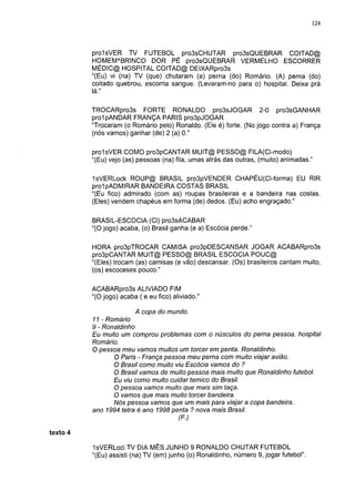 124




          prolsVER TV FUTEBOL pro3sCHUTAR pro3sQUEBRAR COITAD@
          HOMEMABRINCO DOR PÉ pro3sQUEBRAR VERMELHO ESCORRER
          MÉDIC@ HOSPITAL COITAD@ DEIXARpro3s
          "(Eu) vi (na) TV (que) chutaram (a) perna (do) Romário. (A) perna (do)
          coitado quebrou, escorria sangue. (Levaram-no para o) hospital. Deixa prá
          lá."

          TROCARpro3s FORTE RONALDO pro3sJOGAR 2-0 pro3sGANHAR
          prol pANDAR FRANÇA PARIS pro3pJOGAR
          "Trocaram (o Romário pelo) Ronaldo. (Ele é) forte. (No jogo contra a) França
          (nós vamos) ganhar (de) 2 (a) 0."

          prolsVER COMO pro3pCANTAR MUIT@ PESSO@ FILA(CI-modo)
          "(Eu) vejo (as) pessoas (na) fila, umas atrás das outras, (muito) animadas."

          "IsVERLock ROUP@ BRASIL pro3pVENDER CHAPÉU(CI-forma) EU RIR
          prolpADMIRAR BANDEIRA COSTAS BRASIL
          "(Eu fico) admirado (com as) roupas brasileiras e a bandeira nas costas.
          (Eles) vendem chapéus em forma (de) dedos. (Eu) acho engraçado."

          BRASIL-ESCOCIA (Cl) pro3sACABAR
          "(O jogo) acaba, (o) Brasil ganha (e a) Escócia perde."

          HORA pro3pTROCAR CAMISA pro3pDESCANSAR JOGAR ACABARpro3s
          pro3pCANTAR MUIT@ PESSO@ BRASIL ESCOCIA POUC@
          "(Eles) trocam (as) camisas (e vão) descansar. (Os) brasileiros cantam muito,
          (os) escoceses pouco."

          ACABARpro3s ALIVIADO FIM
          "(O jogo) acaba ( e eu fico) aliviado."

                         A copa do mundo.
          11 - Romário
          9 - Ronaldinho
          Eu muito um comprou problemas com o núsculos do perna pessoa, hospital
          Romário.
          O pessoa meu vamos muitos um torcer em penta. Ronaldinho.
                 O Paris - França pessoa meu perna com muito viajar avião.
                 O Brasil como muito viu Escócia vamos do ?
                 O Brasil vamos de muito pessoa mais muito que Ronaldinho futebol.
                 Eu viu como muito cuidar temico do Brasil.
                 O pessoa vamos muito que mais sim taça.
                 O vamos que mais muito torcer bandeira.
                 Nós pessoa vamos que um mais para viajar a copa bandeira,
          ano 1994 tetra é ano 1998 penta ? nova mais Brasil.
                                      (F.)

texto 4

          IsVERLoci TV DIA MÊS JUNHO 9 RONALDO CHUTAR FUTEBOL
          "(Eu) assisti (na) TV (em) junho (o) Ronaldinho, número 9, jogar futebol".
 