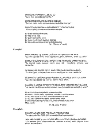 136




             EU QUERER CAMISINHA SEXO SÓ
             "Eu só faço sexo (de) camisinha. "

             EU TER MEDO MUIT@CUIDADO DOENÇA
             "Eu (me) cuido muito (porque) tenho medo (da) doença."

             EU GOSTAR CAMISINHA IMPORTANTE TUDO TODO-DIA
             "(Eu acho) importante usar camisinha sempre."

             Eu evitar sexo cuidado aids.
             Eu não quero aids.
             Eu quero camisinha sexo.
             Eu tenho medo muito cuidado doença.
             Eu de gosto camisinha importante todos dias.
                                          (M., 15 anos, 4a série)

Exemplo 2


             EU ACHAR MUIT@ EVITAR GRÁVIDA MAS prolsEVITAR AIDS
             "Eu acho (que se deve) evitar (a) gravidez, (mas, também,) evitar (a) AIDS."

             EU MUIT@CUIDADO SEXO, IMPORTANTE PRIMEIRO CAMISINHA BOM.
             "Eu (tomo) muito cuidado (com) sexo, (é) importante primeiro usar
             camisinha."

             SE EU ACHAR PODER SEXO MAS PRECISAR CAMISINHA BO@
             "Eu acho (que) pode (se) fazer sexo, mas (é) preciso usar camisinha."

             SE EU ACHO VERDADE pro3sFAZER SEXO, PORQUE pro3sTER AMOR
             "Eu acho (que se) se fez sexo (é) porque havia amor."

             CAMISINHA MUIT@ IMPORTANTE SEXO, MAS VERDADE MUIT@AMOR
             "(A) camisinha (é) importante (no) sexo, mas (o mais) importante (é o) amor."

             Eu acho muito evitar grávida, mas evitar aids.
             Eu muito cuidado sexo, importante premiero camisinha bem.
             Se eu acha pode sexo mas precisa camisinha é bem.
             Se eu acha verdade fez sexo, porque tinha amor.
             Camisinha muito importante sexo, mas verdade muito amor.
             Mais bonito.
                                          (J. 15 anos, 4a série)

Exemplo 3:

             EU GOSTAR-NÃO AIDS PRECISAR PREOCUPAD@
             "Eu não gosto (de) AIDS, (é )necessário (ficar) preocupado."

             1 sOLHAR-OLHAR3p prolsSENTIR NÃO prolsDESCULPAR prolsEVITAR
             "(Eu) sempre (fico) observando (as pessoas e se eu) sinto (alguma coisa
             errada eu) me afasto."
 