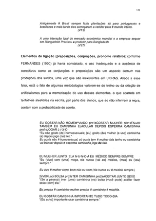 151




             Antigamente # Brasil sempre fazia plantações só para portugueses e
             brasileiros e mais tarde eles começaram a vender para # mundo inteiro.
                                           (V13)

             A uma interação total do mercado econômico mundial e a empresa sequer
             em Blangadesh Precisou a produzir para Bangladesh.
                                        (V27)


Elementos de ligação (preposições, conjunções, pronome relativo): conforme

FERNANDES (1990) já havia constatado, o uso inadequado e a ausência de

conectivos como as conjunções e preposições são um aspecto comum nas

produções dos surdos, uma vez que são inexistentes em LIBRAS. Aliado a esse

fator, está o fato de algumas metodologias valerem-se do treino ou da criação de

artificialismos para a memorização do uso desses elementos, o que acarreta em

tentativas aleatórias na escrita, por parte dos alunos, que ao não inferirem a regra,

contam com a probabilidade do acerto.




             EU GOSTAR-NÃO HOMEMAVIADO prolsGOSTAR MULHER prolsFALAR
             TAMBÉM EU CAMISINHA EJACULAR DEPOIS ESPERMA CAMISINHA
             prolsJOGAR L-l-X-0
             "Eu não gosto (de) homossexuais; (eu) gosto (de) mulher (e uso) camisinha
             (e) depois jogo (no) lixo."
             Eu gosta não # homossexual, só gosta tem # mulher fala tenho eu camisinha
             vai transar depois # esperma camisinha joga de lixo.



             EU MULHER JUNTO ELA N-U-N-C-A EU MÉDICO SEMPRE-SEMPRE
             "Eu (vivo) com (uma) moça, ela nunca (vai ao) médico, (mas) eu (vou)
             sempre."

             Eu vivo # mulher como bom não ou sem (ela nunca eu # medico sempre.)

             2sVERLoci BOLSA pro3sTER CAMISINHA pro2sACEITAR JUNTO SEXO
             "(Se a pessoa) tiver (uma) camisinha (na) bolsa (você pode) aceitar fazer
             sexo (com) ela."

             Eu precisa # camisinha mulher precisa # camisinha # mochila.

             EU GOSTAR CAMISINHA IMPORTANTE TUDO TODO-DIA
             "(Eu acho) importante usar camisinha sempre."
 