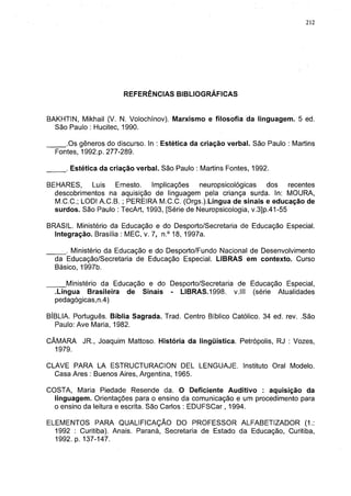 212




                       REFERÊNCIAS BIBLIOGRÁFICAS


BAKHTIN, Mikhail (V. N. Volochínov). Marxismo e filosofia da linguagem. 5 ed.
  São Paulo : Hucitec, 1990.

     .Os gêneros do discurso. In : Estética da criação verbal. São Paulo : Martins
  Fontes, 1992.p. 277-289.

      . Estética da criação verbal. São Paulo : Martins Fontes, 1992.

BEHARES,    Luis    Ernesto.    Implicações    neuropsicológicas    dos    recentes
  descobrimentos na aquisição de linguagem pela criança surda. In: MOURA,
  M.C.C.; LODI A.C.B. ; PEREIRA M.C.C. (Orgs.).Língua de sinais e educação de
  surdos. São Paulo : TecArt, 1993, [Série de Neuropsicologia, v.3]p.41-55

BRASIL. Ministério da Educação e do Desporto/Secretaria de Educação Especial.
  Integração. Brasília : MEC, v. 7, n.° 18, 1997a.

    _. Ministério da Educação e do Desporto/Fundo Nacional de Desenvolvimento
  da Educação/Secretaria de Educação Especial. LIBRAS em contexto. Curso
  Básico, 1997b.

      Ministério da Educação e do Desporto/Secretaria de Educação Especial,
  .Língua Brasileira de Sinais - LIBRAS.1998. v.lll (série Atualidades
  pedagógicas,n.4)

BÍBLIA. Português. Bíblia Sagrada. Trad. Centro Bíblico Católico. 34 ed. rev. .São
  Paulo: Ave Maria, 1982.

CÂMARA     JR., Joaquim Mattoso. História da lingüística. Petrópolis, RJ : Vozes,
  1979.

CLAVE PARA LA ESTRUCTURACION DEL LENGUAJE. Instituto Oral Modelo.
  Casa Ares : Buenos Aires, Argentina, 1965.

COSTA, Maria Piedade Resende da. O Deficiente Auditivo : aquisição da
  linguagem. Orientações para o ensino da comunicação e um procedimento para
  o ensino da leitura e escrita. São Carlos : EDUFSCar, 1994.

ELEMENTOS PARA QUALIFICAÇÃO DO PROFESSOR ALFABETIZADOR (1.:
  1992 : Curitiba). Anais. Paraná, Secretaria de Estado da Educação, Curitiba,
  1992. p. 137-147.
 
