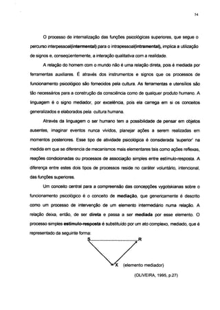 54




      O processo de internalização das funções psicológicas superiores, que segue o

percurso interpessoal(intermental) para o intrapessoal(intramental), implica a utilização

de signos e, conseqüentemente, a interação qualitativa com a realidade.

      A relação do homem com o mundo não é uma relação direta, pois é mediada por

ferramentas auxiliares. É através dos instrumentos e signos que os processos de

funcionamento psicológico são fornecidos pela cultura. As ferramentas e utensílios são

tão necessários para a construção da consciência como de qualquer produto humano. A

linguagem é o signo mediador, por excelência, pois ela carrega em si os conceitos

generalizados e elaborados pela cultura humana.

      Através da linguagem o ser humano tem a possibilidade de pensar em objetos

ausentes, imaginar eventos nunca vividos, planejar ações a serem realizadas em

momentos posteriores. Esse tipo de atividade psicológica é considerada 'superior1 na

medida em que se diferencia de mecanismos mais elementares tais como ações reflexas,

reações condicionadas ou processos de associação simples entre estímulo-resposta. A

diferença entre estes dois tipos de processos reside no caráter voluntário, intencional,

das funções superiores.

      Um conceito central para a compreensão das concepções vygotskianas sobre o

funcionamento psicológico é o conceito de mediação, que genericamente é descrito

como um processo de intervenção de um elemento intermediário numa relação. A

relação deixa, então, de ser direta e passa a ser mediada por esse elemento. O

processo simples estímulo-resposta é substituído por um ato complexo, mediado, que é

representado da seguinte forma:
                              S                          R




                                                 (elemento mediador)

                                                       (OLIVEIRA, 1995, p.27)
 