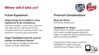 Where will it take us? 
Target brings its incredible in-store 
experience to the smartphone! 
Significant adoption by both core customers 
and millennials who use the app to drive 
increased online and in-store purchases; new 
channel for customer data and analytics 
Target-TaskRabbit network used as 
primary on-demand channel 
Last-mile delivery handled by distributed 
network of Target TaskRabbits 
Shop the World! 
Technology development 
! 
TaskRabbit for Target! 
If Build: Need to establish two-sided market 
and monitor/manage requests added and 
fulfilled. Consider pre-signing interested parties 
before launching the platform 
If Buy/Partner: Would need to work with 
TaskRabbit to create functioning  
networks around Target locations 
Be Seamless 
Future Experience! Financial Considerations! 
 