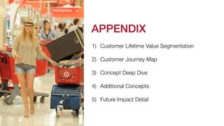 APPENDIX! 
1) Customer Lifetime Value Segmentation 
2) Customer Journey Map 
3) Concept Deep Dive 
4) Additional Concepts 
5) Future Impact Detail 
 
