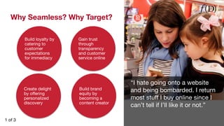 Why Seamless? Why Target? 
Build loyalty by 
catering to 
customer 
expectations 
for immediacy 
Create delight 
by offering 
personalized 
discovery 
Gain trust 
through 
transparency 
and customer 
service online 
Build brand 
equity by 
becoming a 
content creator 
“I hate going onto a website 
and being bombarded. I return 
most stuff I buy online since I 
can’t tell if I’ll like it or not.” 
1 of 3 
 