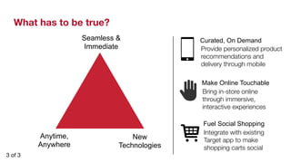 What has to be true? 
Seamless  
Immediate 
Anytime, 
Anywhere 
New 
Technologies 
Curated, On Demand 
Provide personalized product 
recommendations and 
delivery through mobile 
Make Online Touchable 
Bring in-store online 
through immersive, 
interactive experiences 
Fuel Social Shopping 
Integrate with existing 
Target app to make 
shopping carts social 
3 of 3 
 