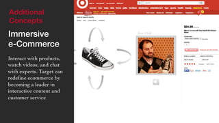 Additional 
Concepts 
Immersive 
e-Commerce! 
Interact with products, 
watch videos, and chat 
with experts. Target can 
redefine ecommerce by 
becoming a leader in 
interactive content and 
customer service 
 