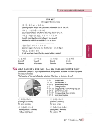 EPS-TOPIK 고용허가제 한국어능력시험

<진료 시간>
(jilyo sigan) Opening hours

평 일 : 오전 9시 - 오후 6시
(pyeongil: ojeon ahopsi - ohu yeoseotsi) Weekdays: 9 a.m. to 6 p.m.

토요일 : 오전 9시 - 오후 1시
(toyoil: ojeon ahopsi - ohu hansi) Saturday: 9 a.m. to 1 p.m.

수요일 : 야간 진료 있음. 오후 7시 - 오후 9시
(suyoil: yagan jilyo itseum ohu ilgopsi - ohu ahopsi)
Wednesday: night time available. 7 p.m. to 9 p.m.

읽기 481~800

--------------점심 시간 : 오후1시 - 오후 2시
(jeomsim sigan: ohu hansi-ohu dusi) Lunch: 1 p.m. to 2 p.m.

일요일, 공휴일 : 휴진
(iryoil, gonghyuil: hyujin) Sunday, public holidays: closed

① 월요일

③ 토요일

④ 일요일

(woryoil)
Monday

706

② 수요일
(suyoil)
Wednesday

(toyoil)
Saturday

(iryoil)
Sunday

다음은 영수의 토요일 일과표입니다. 영수는 저녁 식사를 하기 전에 무엇을 합니까?
(daeumeun yeongsuui toyoil ilgwapyoimnida yeongsuneun jeonyeok siksareul hagi jeone
mueoseul hamnikka)
The following is Yeongsu’s Saturday schedule. What does he do before dinner?
잠자기
TV 보기
저녁식사
운동
외국어공부
점심식사
컴퓨터하기
아침식사

(jamjagi) Sleep
(tibi bogi) Watch TV
(jeonyeoksiksa) Dinner
(undong) Exercise
(oegugeogongbu) Learn a foreign language
(jeomsimsiksa) Lunch
(keompyuteohagi) Use a computer
(achimsiksa) Breakfast

① 운동을 합니다.

② 낮잠을 잡니다.

(undongeul hamnida)
He takes exercise.

(natjameul jamnida)
He takes a nap.

③ 컴퓨터를 삽니다.

④ 텔레비전을 봅니다.

(keompyuteoreul samnida)
He buys a computer.

(telebijeoneul bomnida)
He watches TV.

읽기 / Reading

_ 799

 